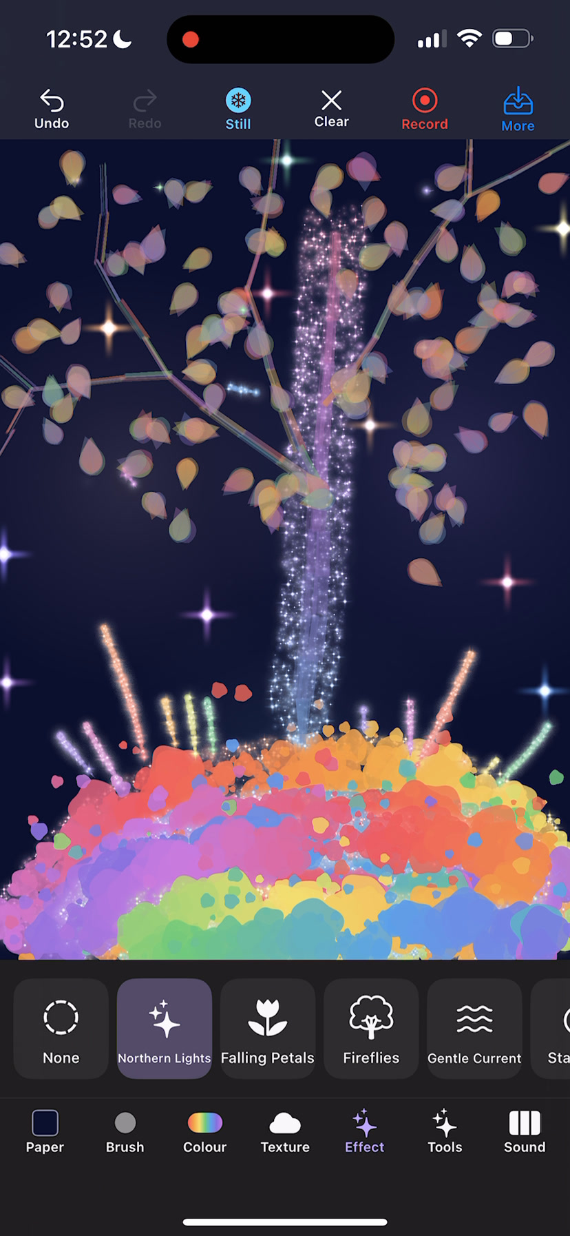 Rivaurie with the effect tray open, showing northern lights, falling petals, fireflies and gentle current, with petals drifting across a finished drawing